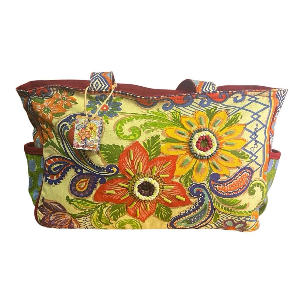 NWT Kate McRostie Canvas Beaded Floral Tote Diaper Bag Beach Ikat Paisley Zipper